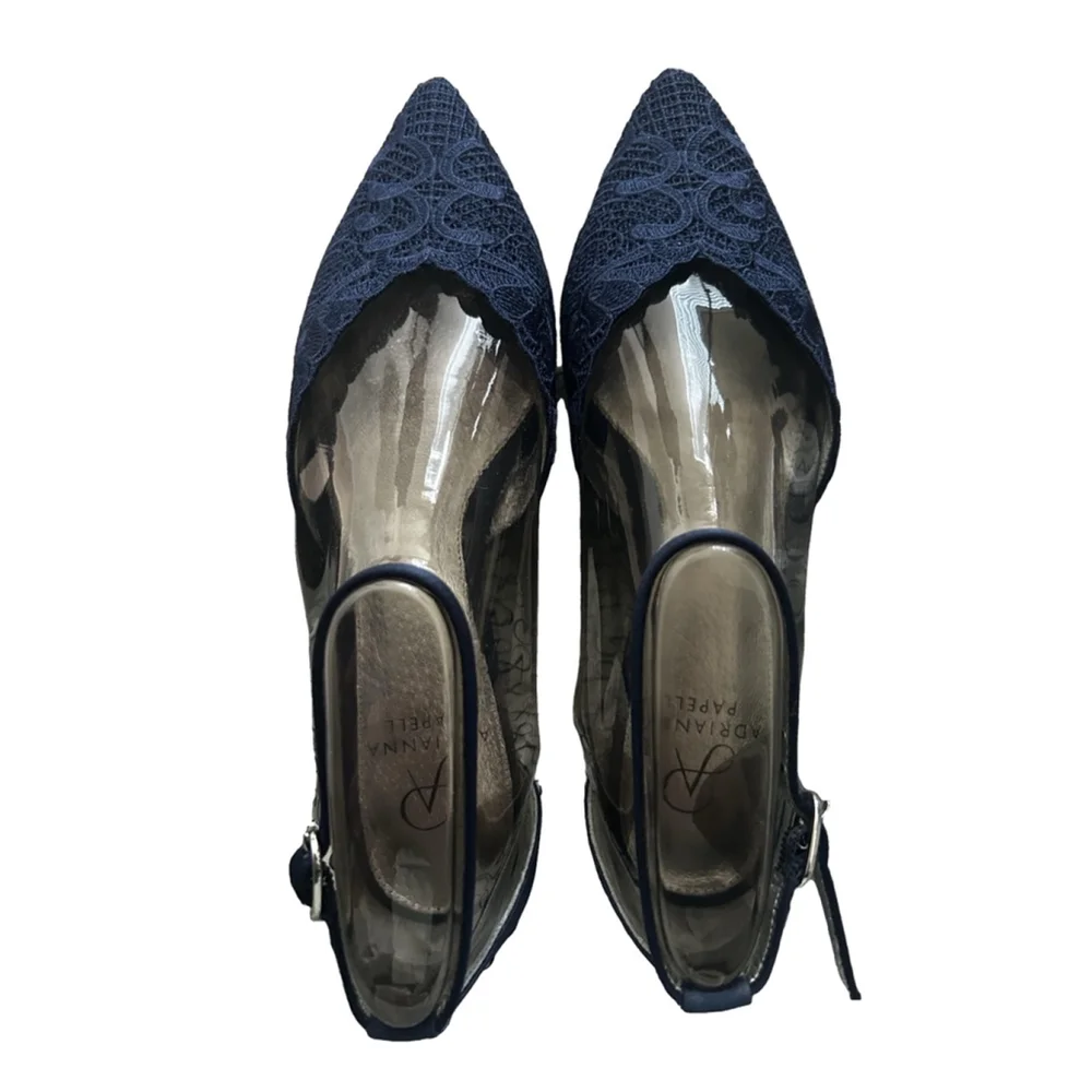 NWB Women's Adrianna Papell Trala Ankle Strap Attalie Lace Flats Navy Size 7M